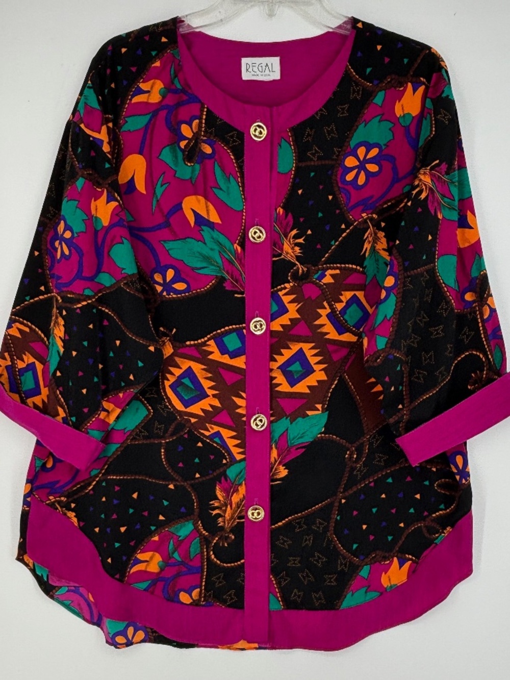 Vintage Regal Womens 1X Button Front Cardigan Blouse Bold Multicolor Print
